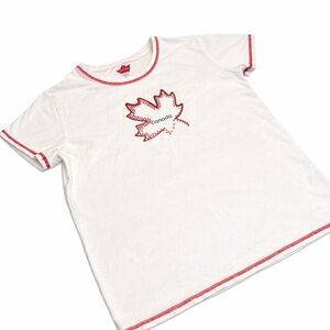 Red Rhinestone Maple Leaf on White Women’s Canada Day Tee by Kalson size Medium